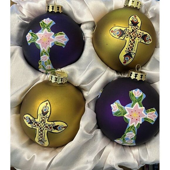 Ameri Christmas Large Glass Ornaments Gold Purple Celtic Cross Vintage Set of 4 - Picture 1 of 3